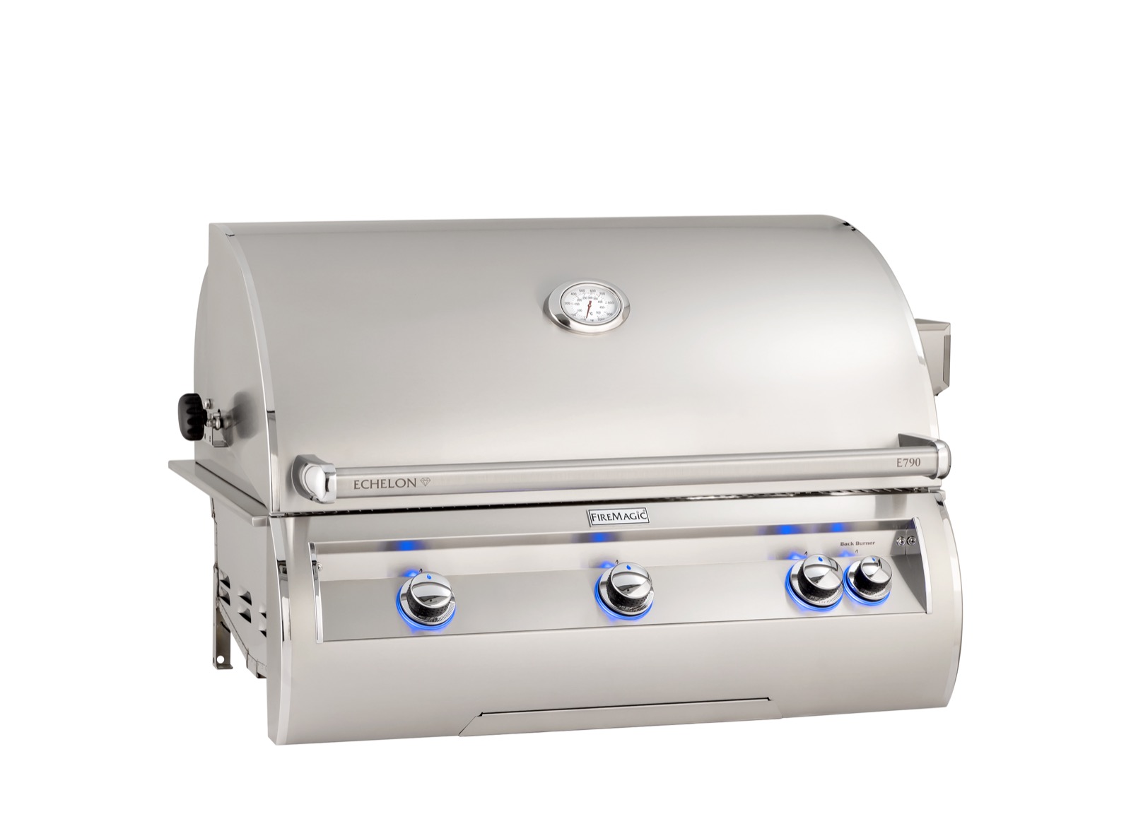 Fire Magic E790i-A Echelon built-in grill with closed hood and analog thermometer